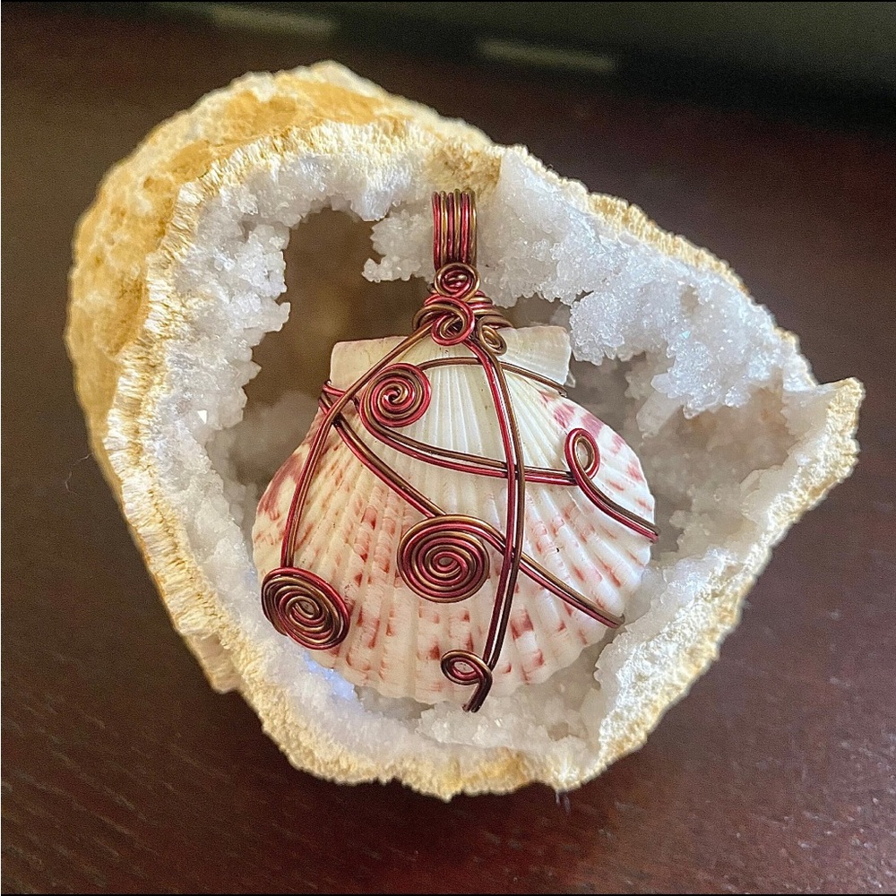 Two Toned Wire Wrapped Calico Scallop Seashell Pendant